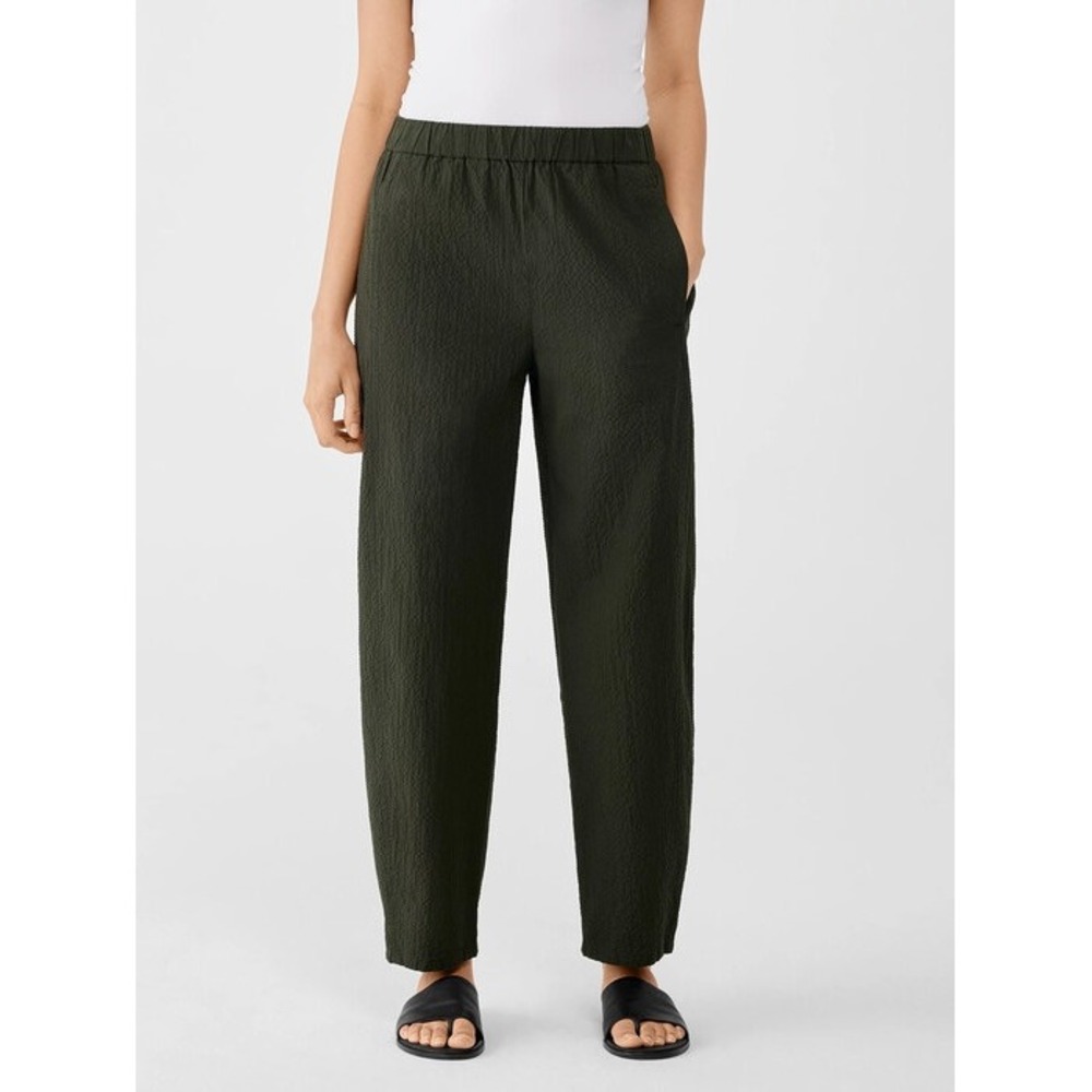 Eileen Fisher Organic Cotton Crinkle Seersucker Lantern Pants Dark Green Small